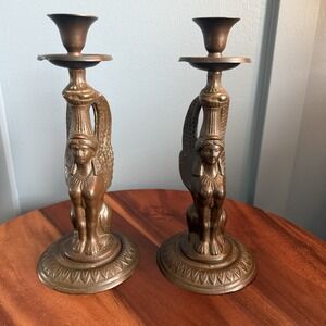 Vintage Egyptian Revival Harpy Caryatid Candlesticks Pair Winged Sphinx Figural
